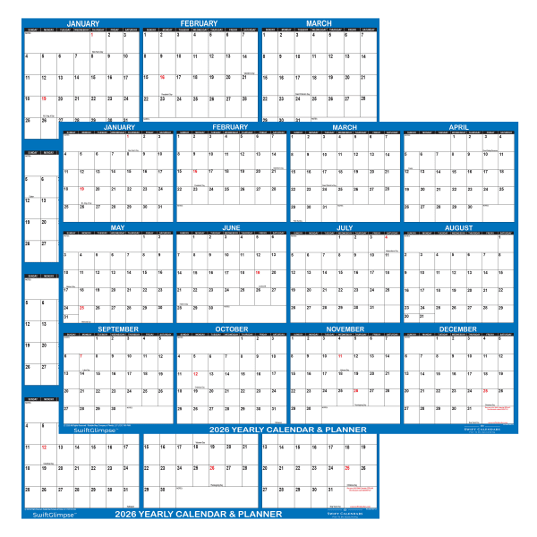 2026 SwiftGlimpse Yearly Reversible Erasable Wall Calendar, 32in x 48in, White/Navy, January To December
