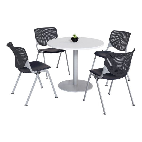 KFI Studios KOOL Round Pedestal Table With 4 Stacking Chairs, White/Black