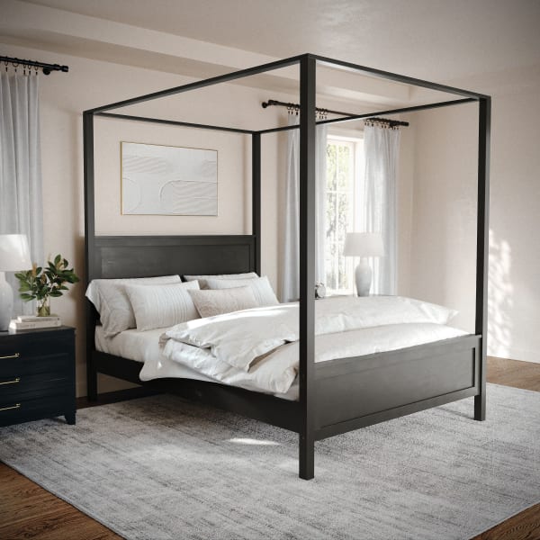 Martha Stewart Hayes Solid Wood Canopy Platform Bed with Wood Headboard and Footboard, No Box Spring Needed, Dark Gray, Queen