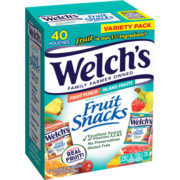 Welchs Fruit Snacks, Fruit Punch/Island Fruits, 0.8 Oz, Pack Of 40 Pouches