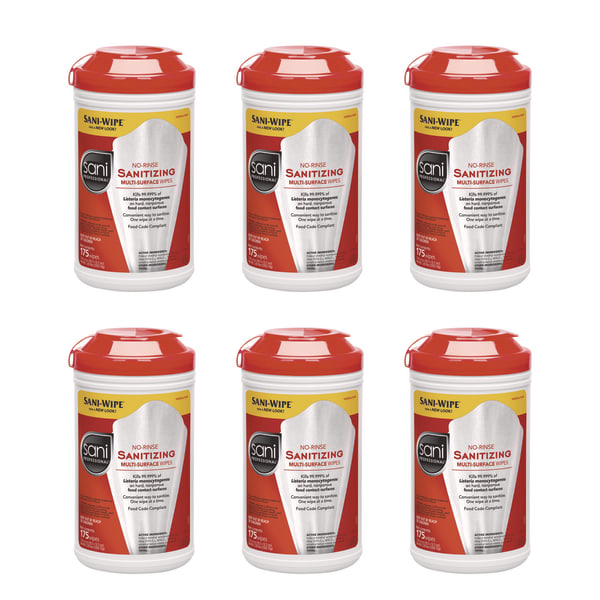 Sani Professional No-Rinse Sanitizing Multi-Surface Wipes, Unscented, White, 175/Container, 6/Carton