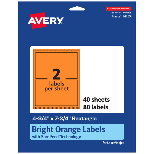 Avery Print-To-The-Edge Labels With Sure Feed Technology And Easy Peel, 94255-BOP40, Rectangle, 4-3/4in x 7-3/4in, Matte Bright Orange, Pack of 80