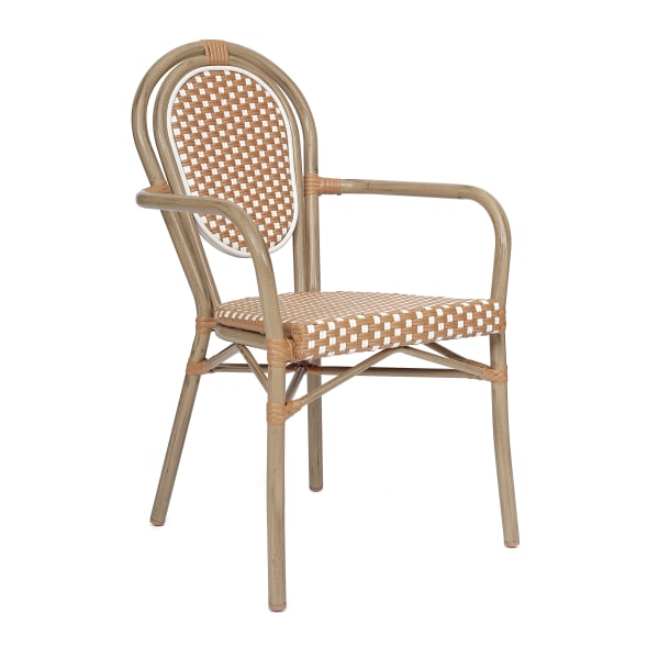 Flash Furniture Lourdes Indoor/Outdoor Commercial Thonet Bistro Stacking Chair with Arms, PE Rattan and Aluminum Frame, Natural & White/Light Natural Frame