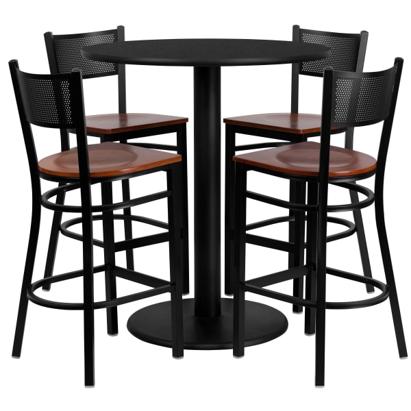 Flash Furniture Round Laminate Table Set With 4 Grid-Back Metal Barstools, 42inH x 36inW x 36inD, Black