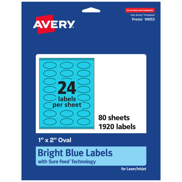 Avery Print-To-The-Edge Labels With Sure Feed Technology And Easy Peel Label Feature, 94053-BBP80, Oval, 1in x 2in, Matte Bright Blue, Pack of 1920