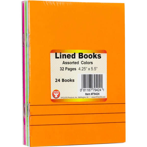 Hygloss Bright Colors Lined Blank Books, 4-1/4in x 5-1/2in, 16 Sheets/32 Pages, Assorted, Pack Of 24