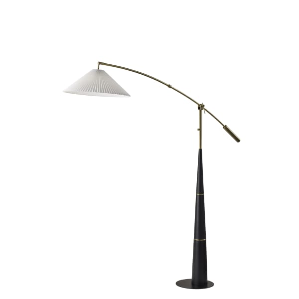 Adesso Leroy Arc Floor Lamp, Adjustable, 87inH, Off-White Shade/Black & Antique Brass Base