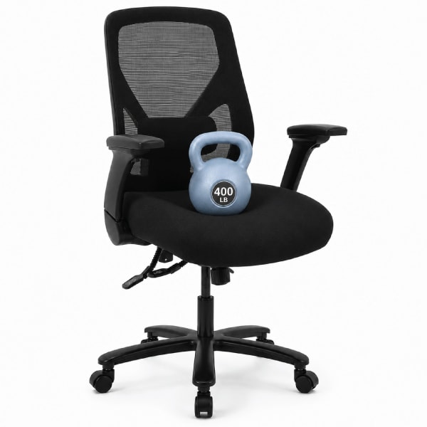 Realspace MFTC 400 Big & Tall Ergonomic Mesh/Fabric High-Back Chair with Flip-Up Armrests, Black/Black, BIFMA Compliant
