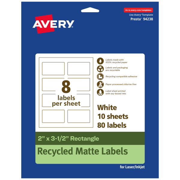 Avery Recycled Paper Labels, 94238-EWMP10, Rectangle, 2in x 3-1/2in, White, Pack Of 80