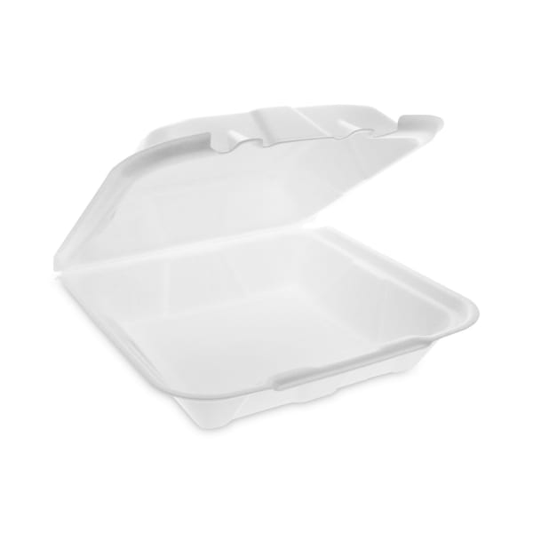 Pactiv Evergreen Vented Foam Hinged Lid Containers, Dual Tab Lock Economy, 3-1/4inH x 9-3/16inW x 9inD, White, Carton Of 150 Containers