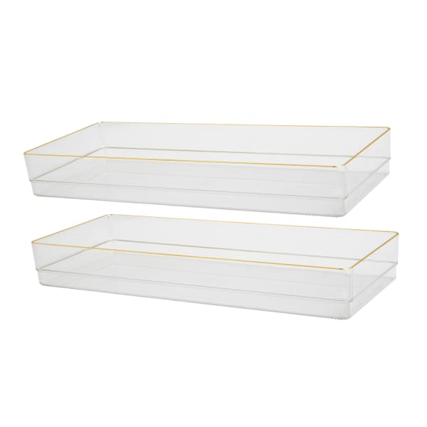 Martha Stewart Kerry Plastic Stackable Office Desk Drawer Organizers, 2inH x 6inW x 15inD, Clear/Gold Trim, Pack Of 2 Organizers
