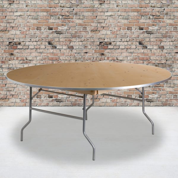 Flash Furniture Round Heavy-Duty Birchwood Folding Banquet Table, 30inH x 72inW x 72inD, Natural/Silver