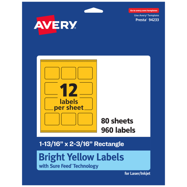 Avery Print-To-The-Edge Labels With Sure Feed Technology And Easy Peel, 94233-BYP80, Rectangle, 1-13/16inx2-3/16in, Matte Bright Yellow, Pack of 960