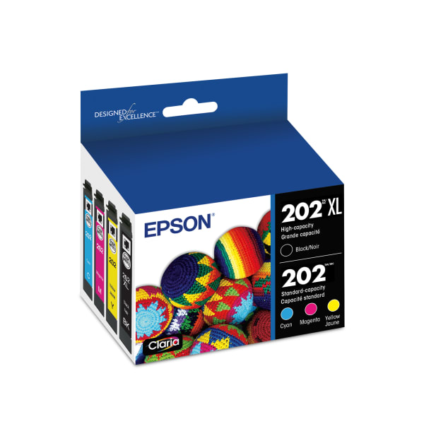 Epson 202XL Black/202 Claria Cyan; Magenta; Yellow High-Yield Ink Cartridges, Pack Of 4, T202XL-BCS