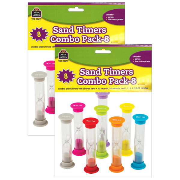 Teacher Created Resources Small Sand Timers, 1in x 3-1/2in, Assorted Colors and Times, Pack Of 8 Timers, Set Of 2 Packs