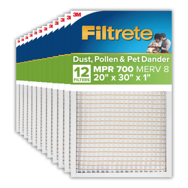 Filtrete 20 x 30 x 1 Air Filter, 12 HVAC Filters, MPR 700, MERV 8, Easy on Airflow, Dust, Pollen & Pet Dander, 3 Month AC and Furnace Filters
