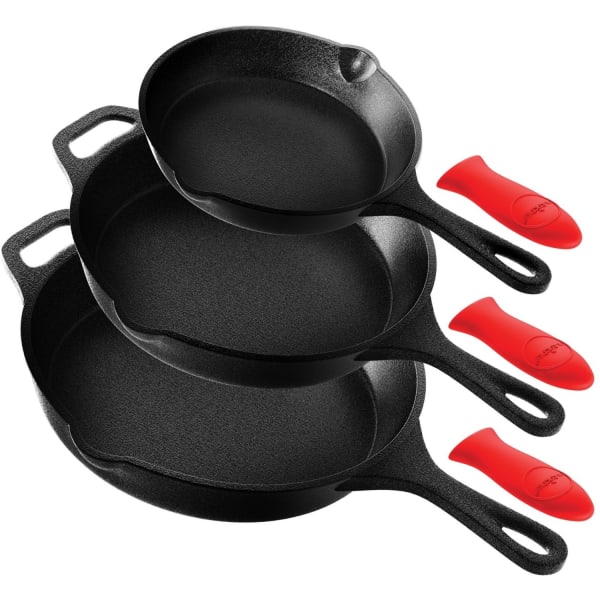 NutriChef 14-Inch Cast Iron Pizza/Baking Pan - 3 Pieces - Cooking - Oven Safe - 8in Skillet - 10in 2nd Skillet - 12in 3rd Skillet - Black - Cast Iron, Metal Body - Silicone Handle - Round - 1