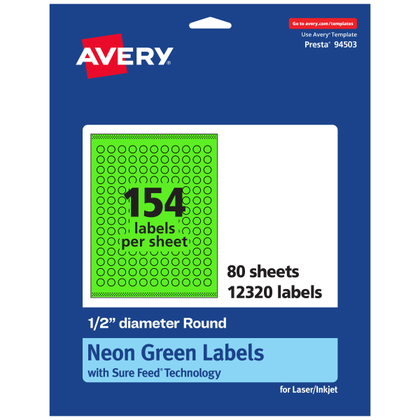 Avery Print-To-The-Edge Labels With Sure Feed Technology, 94503-NGP80, Round, 1/2in, Matte Neon Green, Pack of 12320
