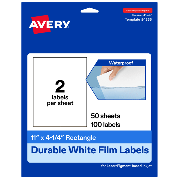 Avery Waterproof Permanent Labels, 94266-WMF50, Rectangle, 11in x 4-1/4in, White, Pack Of 100