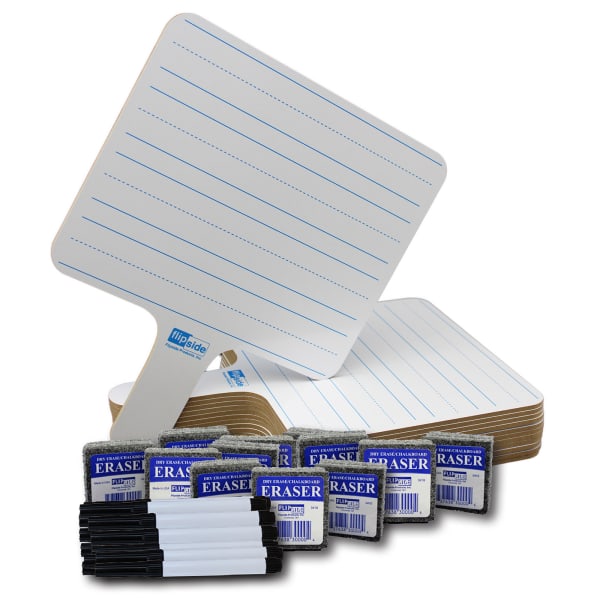 Flipside Products 2-Sided Rectangular Dry-Erase Writing Paddles With Pens And Erasers, 7-3/4in x 10in, White, Class Pack Of 12 Paddles