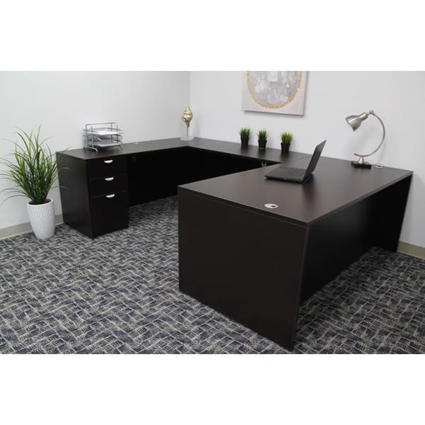 Boss Office Products 71inW Executive U-Shaped Desk With Box/Box/File Storage Pedestal, Mocha