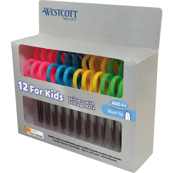 Westcott Kids School Pack Scissors, 5in, Blunt, Assorted Colors, Pack Of 12