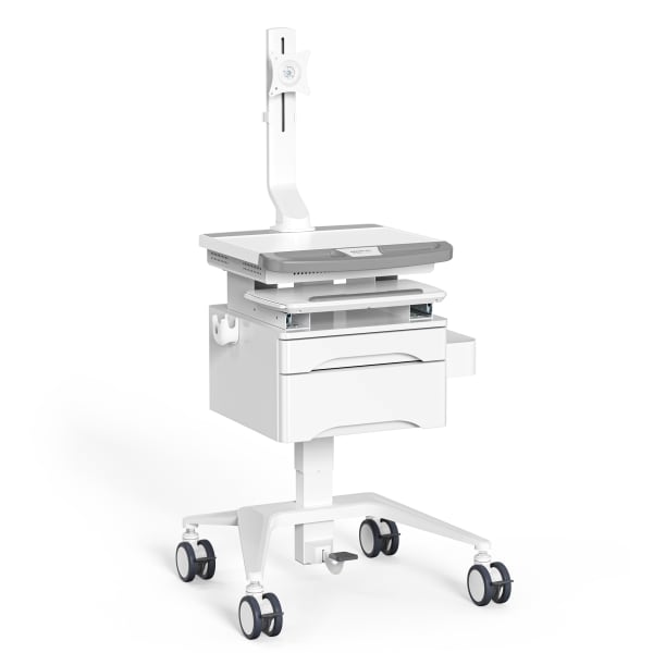 Mount-It! MedHub Mobile Medical Cart Workstation With Drawers And Monitor Mount, 65-7/16inH x 25-5/8inW x 21-3/4inD, White/Gray