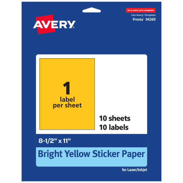 Avery Printable Sticker Paper, 94269-BYP10, Rectangle, 8-1/2in x 11in, Matte Bright Yellow, Pack of 10
