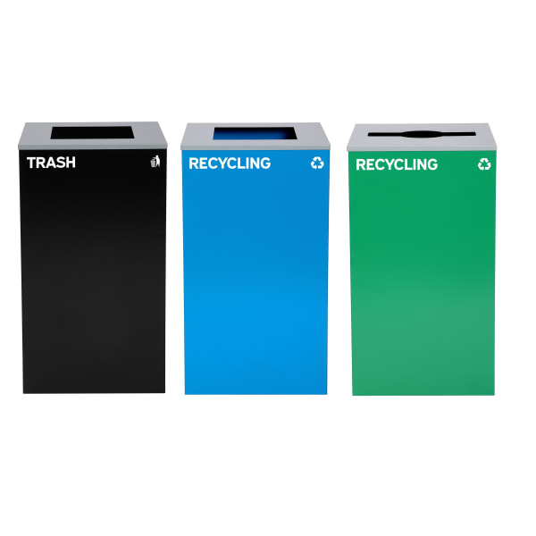 Alpine Industries Stainless-Steel Open Top Mixed Recycling And Trash Can Set With Square And Mixed Lids, 29 Gallons, 30inH x 16-15/16inW x 16-15/16inD, Black/Blue/Green, Set Of 3 Trash Cans