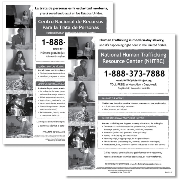 ComplyRight State Specialty Posters, Human Trafficking, English/Spanish, Alabama, 8 1/2in x 11in, Pack Of 2