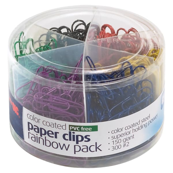 Officemate Nylon-Coated Paper Clips, Tub Of 450, Giant, Assorted Colors