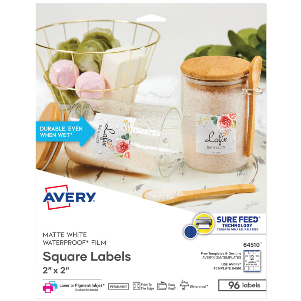 Avery Durable Oil-Resistant Waterproof Print-to-the-Edge Labels With Sure Feed Technology, 64510, 2in x 2in, White, Square, Pack Of 96 Labels
