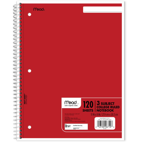 Mead Wirebound Notebook, 8 1/2in x 11in, 3 Subject, College Ruled, 120 Sheets, Assorted Colors
