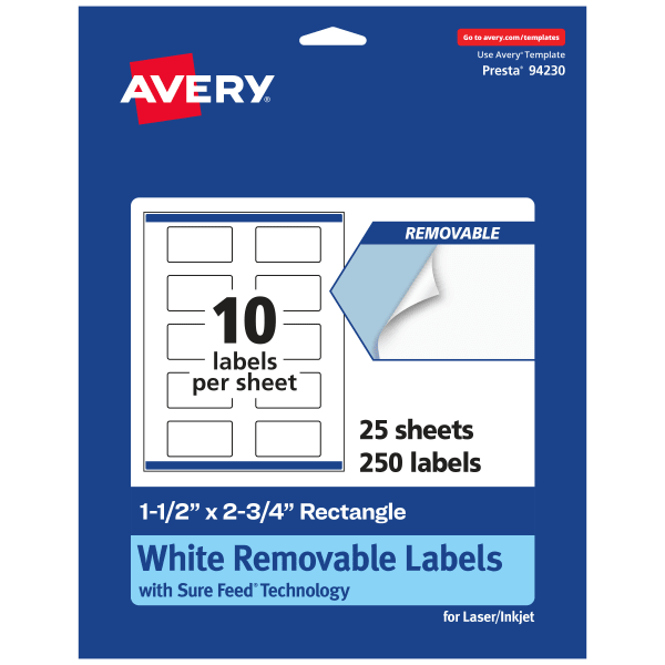 Avery Removable Labels With Sure Feed, 94230-RMP25, Rectangle, 1-1/2in x 2-3/4in, White, Pack Of 250 Labels