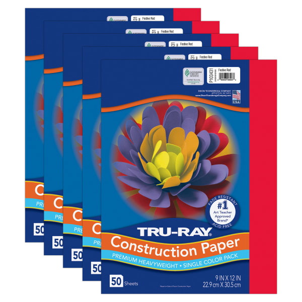 Tru-Ray Construction Paper, Heavyweight, 9in x 12in, Red, 50 Sheets Per Pack, Set Of 5 Packs