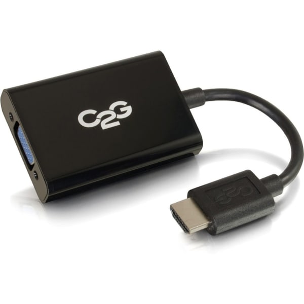 C2G HDMI to VGA Adapter Converter Dongle with Stereo Audio M/F - Black - HDMI/VGA/Mini-phone for Audio/Video Device, Monitor, Notebook - 8in - 1 x HDMI Male Digital Audio/Video - 1 x HD-15 Female VGA, 1 x Mini-phone Female Stereo Audio - Shielding - Black