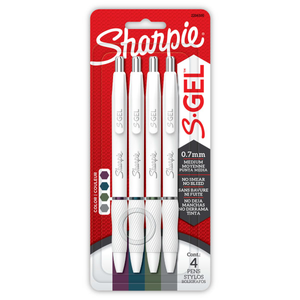 Sharpie S-Gel Retractable Gel Pens, Medium Point, 0.7mm  White Barrels, Assorted Inks, Pack Of 4 Pens