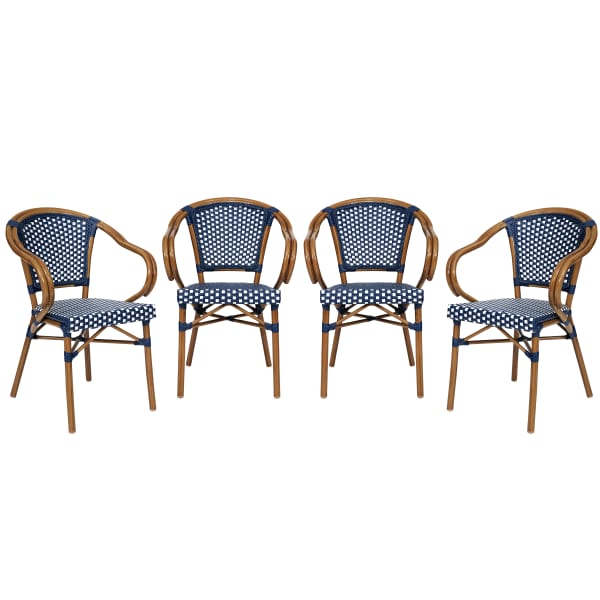Flash Furniture 4 Pack Bordeaux Indoor/Outdoor Commercial Bistro Stacking Chair with Arms, PE Rattan and Bamboo Print Aluminum Frame, Navy & White/Natural Frame