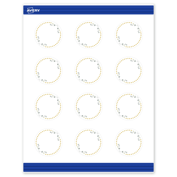 Avery Printable Round Cards With Sure Feed Technology, 2in, Matte White With Preprinted Gold Dots/Green Floral Design Design, Pack Of 120