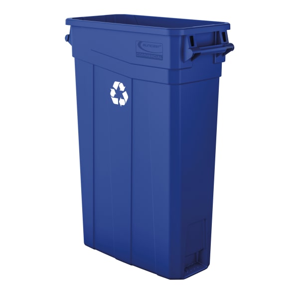 Suncast Commercial Narrow Rectangular Resin Trash Can, With Handles, 23 Gallons, 30inH x 11inW x 22inD, Blue Recycle