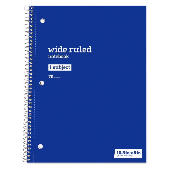 Just Basics Spiral Notebook, 8in x 10-1/2in, Wide Ruled, 70 Sheets, Blue