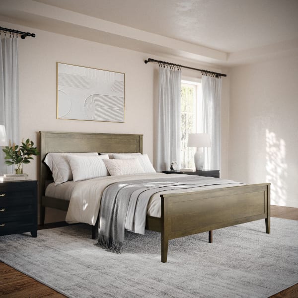 Martha Stewart Corbin Solid Wood Platform Bed with Wooden Headboard and Footboard, No Box Spring Needed, Brown Gray, Queen