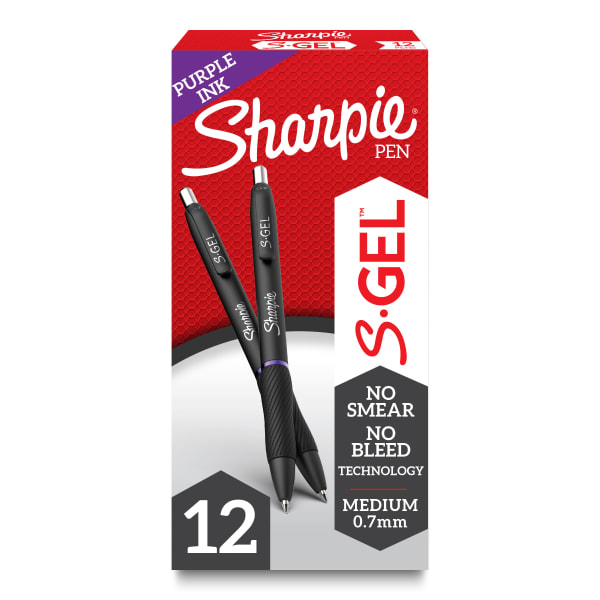 Sharpie S-Gel Pens, Medium Point, 0.7 mm, Black Barrel, Purple Ink, Pack Of 12 Pens