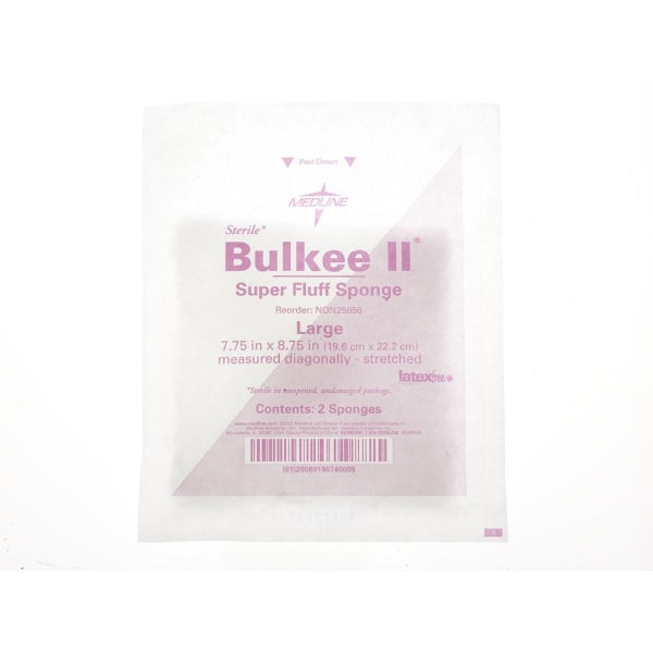 Medline Bulkee Super Fluff Sterile Sponges, 7 3/4in x 8 3/4in, White, 2 Sponges Per Pack, Case Of 200 Packs