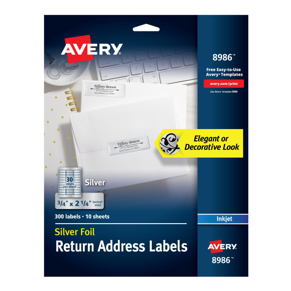 Avery Permanent Inkjet Foil Mailing Labels, 8986, 3/4in x 2 1/4in, Silver, Pack Of 300