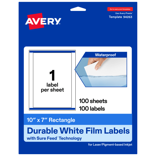 Avery Waterproof Permanent Labels With Sure Feed, 94263-WMF100, Rectangle, 10in x 7in, White, Pack Of 100
