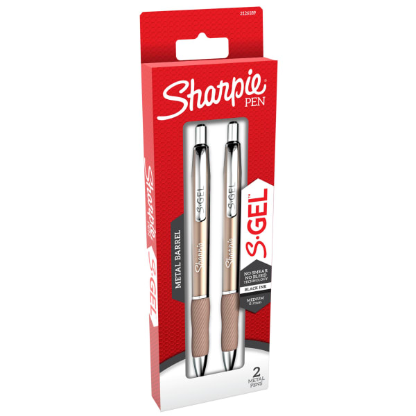 Sharpie S-Gel Metal Barrel Gel Pens, Medium Point, 0.7 mm, Champagne Barrel, Black Ink, Pack Of 2 Pens