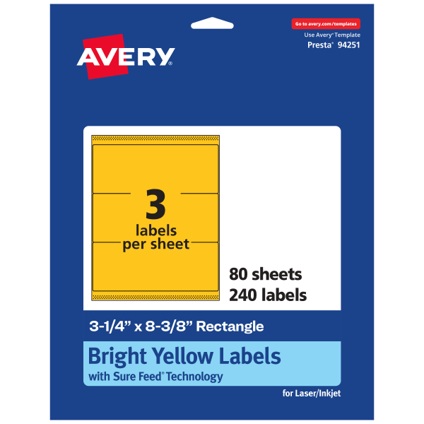 Avery Printable Labels With Sure Feed Technology, 94251-BYP80, Rectangle, 3-1/4in x 8-3/8in, Matte Bright Yellow, Pack of 240