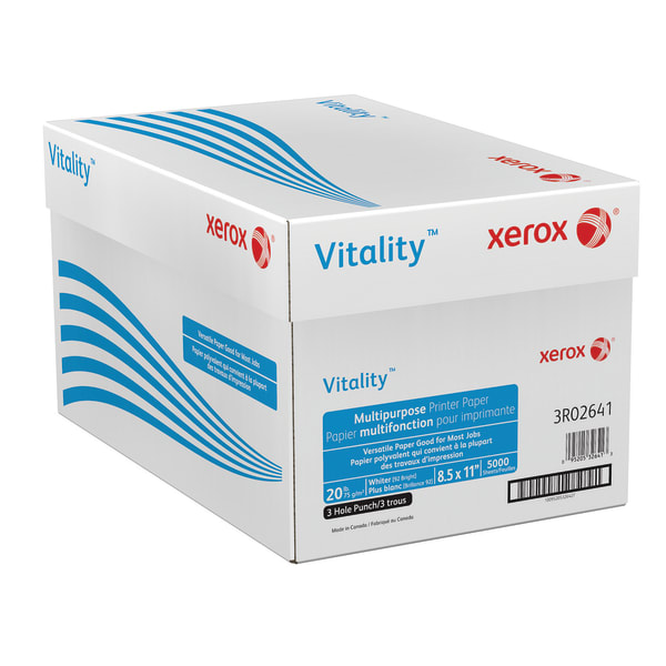 Xerox Vitality 3-Hole Punched Multi-Use Printer & Copy Paper, 10 Reams, White, Letter (8.5in x 11in), 5000 Sheets Per Case, 20 Lb, 92 Brightness, FSC Certified