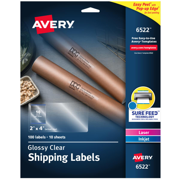 Avery Glossy Permanent Labels, 6522, Shipping, 2in x 4in, Clear, Pack Of 100